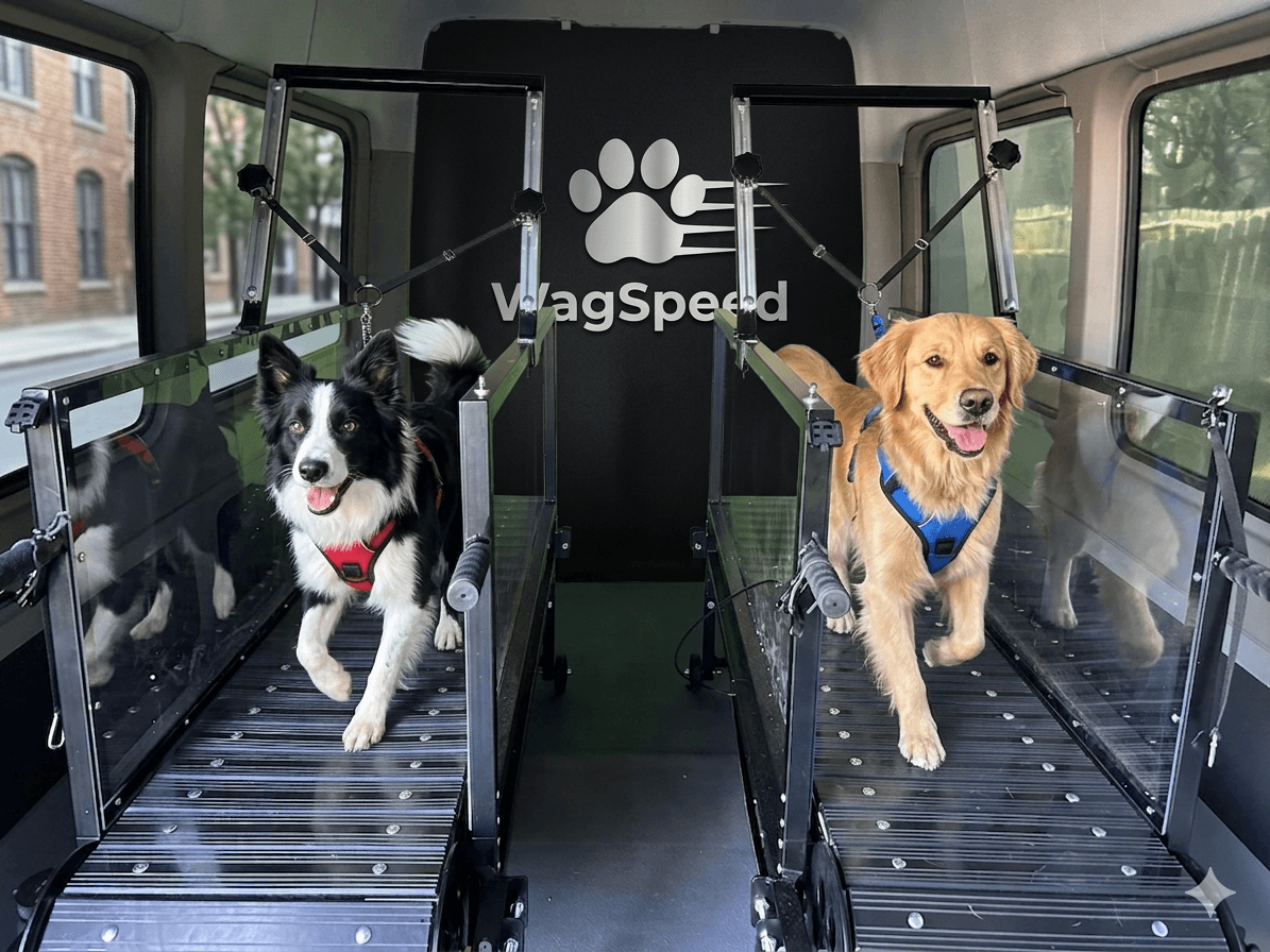Dogs running on a professional treadmill inside the WagSpeed van