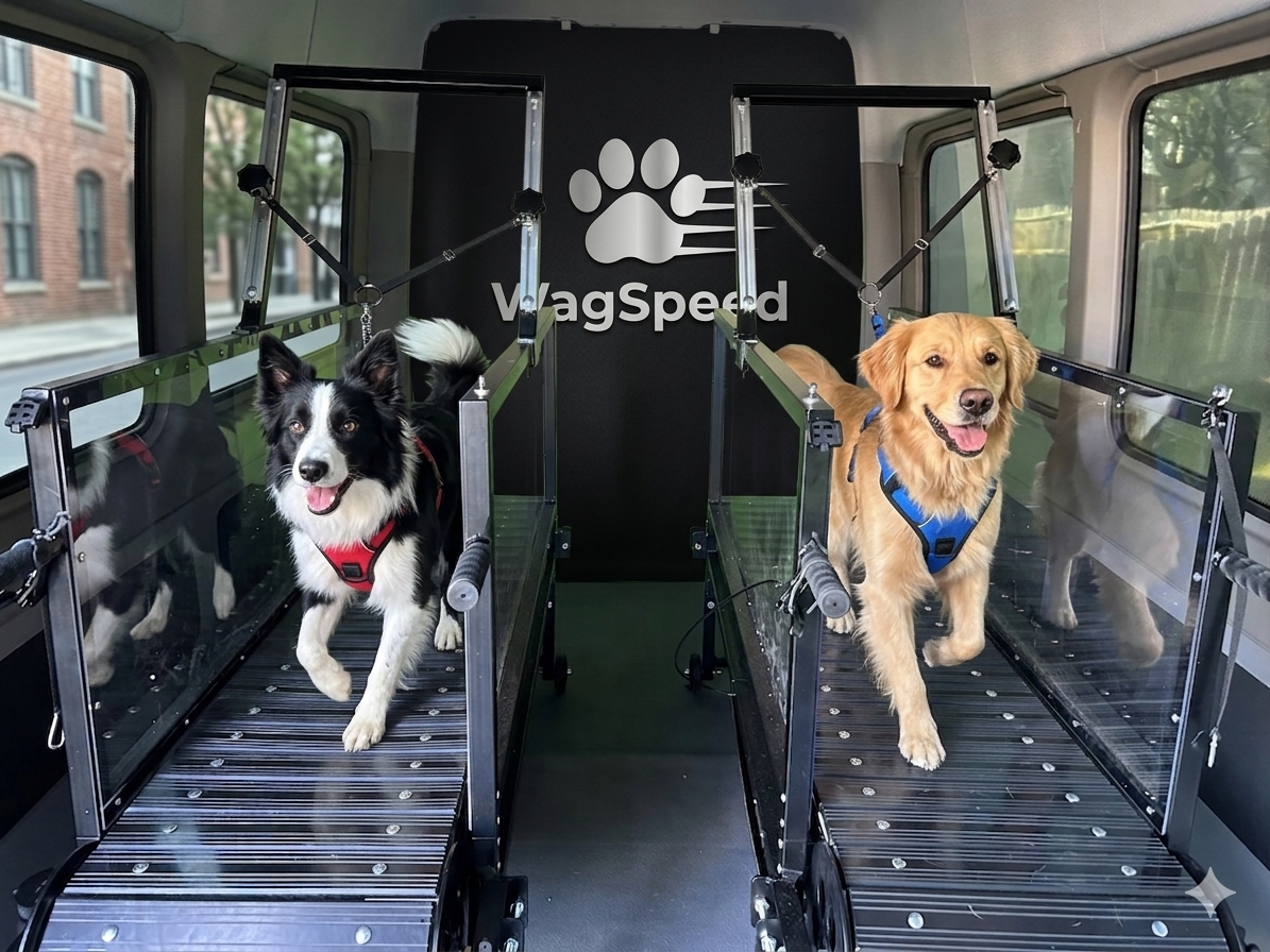 Dogs running on a professional treadmill inside the WagSpeed van
